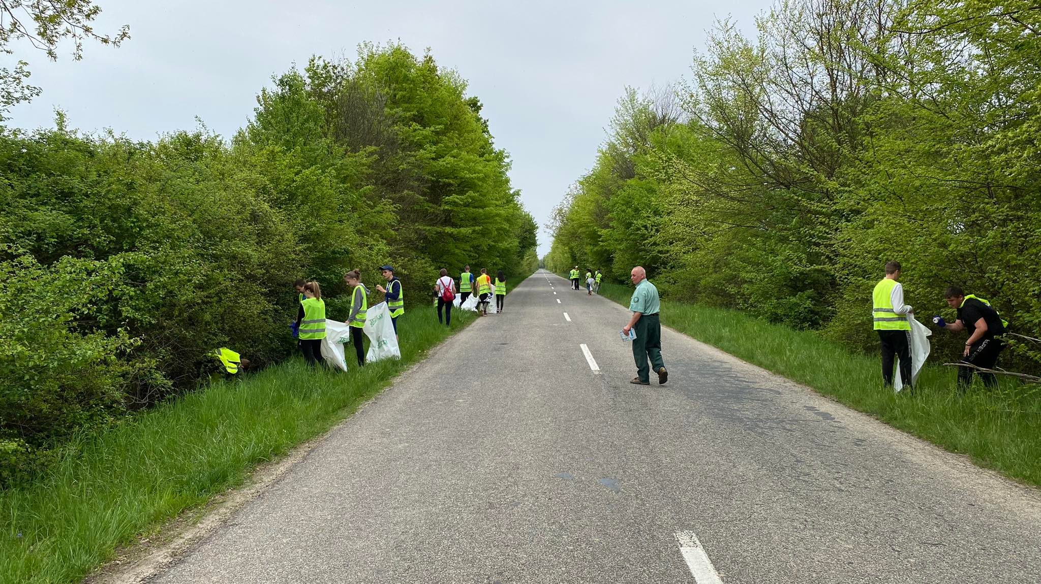 Fiatalok szemetet szednek az út szélén